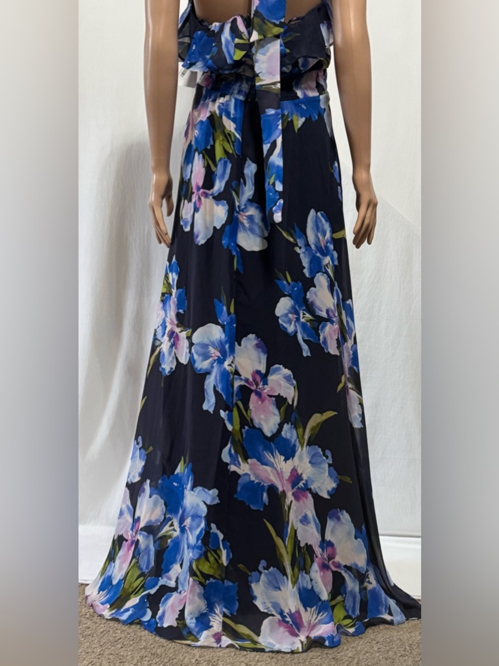 Eliza J Floral Chiffon Halter Maxi Dress Ruffle Neck Navy Multi Size 4 - Picture 8 of 13